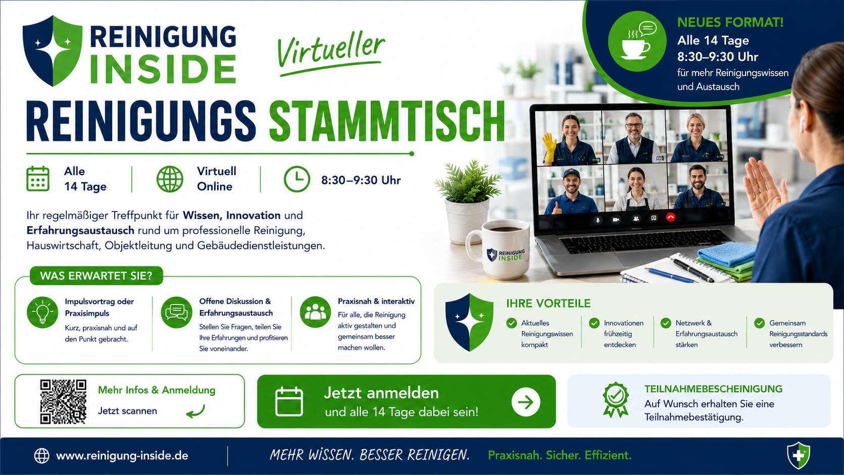 Virtueller Reinigungsstammtisch – Alle 14 Tage, Mittwoch 8:30–9:30 Uhr